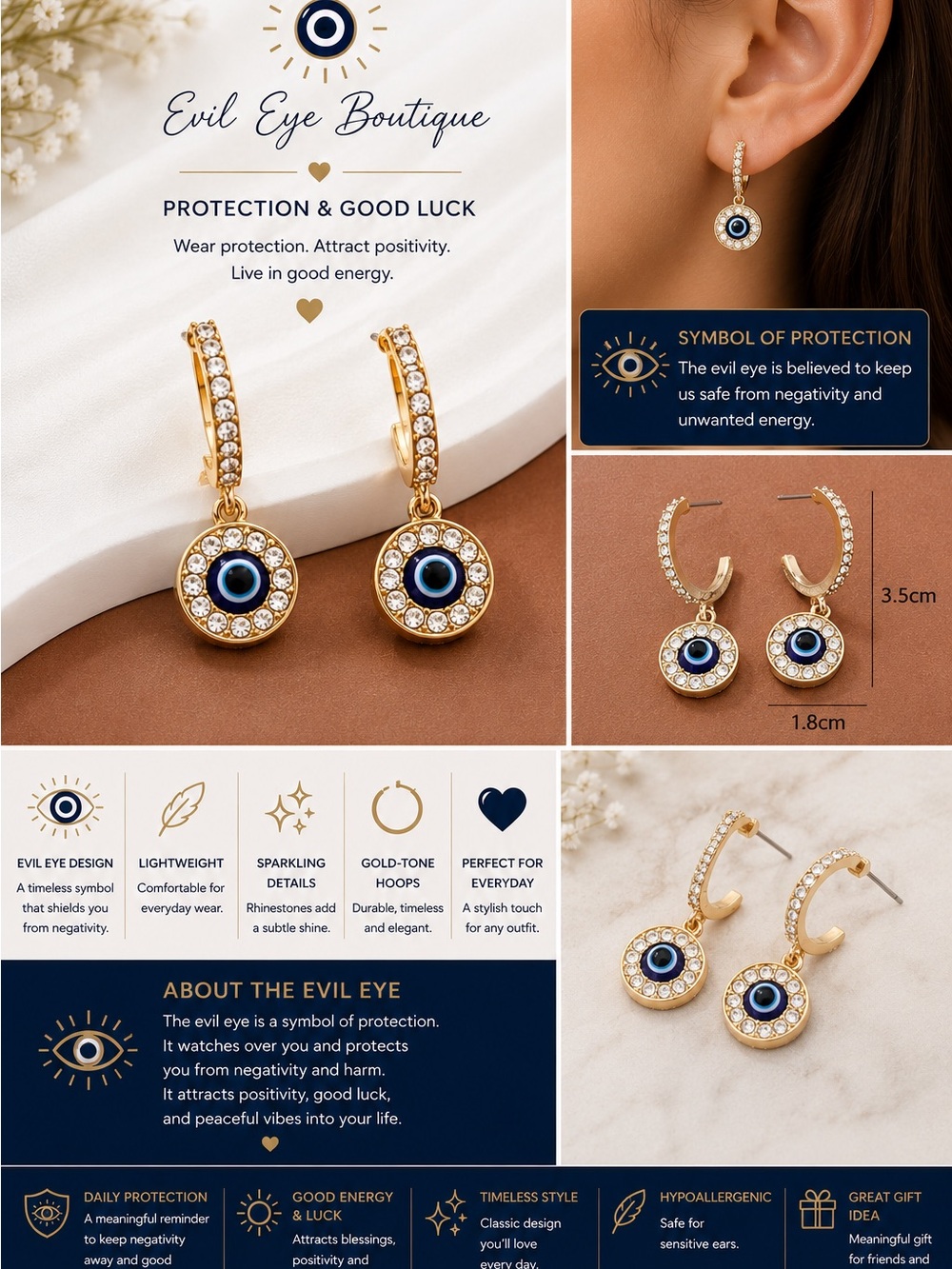 Evil Eye Gold-Tone Hoop Drop Earrings with Blue Center -